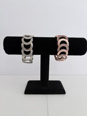 Silver & Rose Gold Crescent Link Bracelet Set Textured Sparkle Costume Jewelry